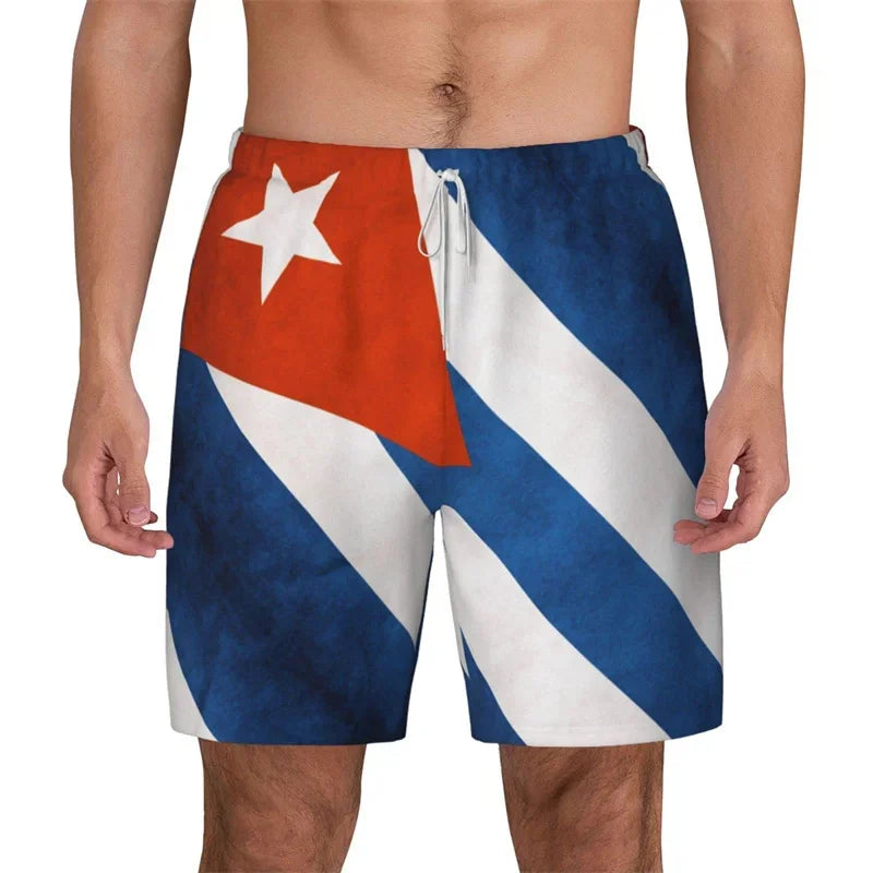 Men Cuba Pattern Beach Shorts Drawstring Quick Dry Street Loose Swimwear Surf Board Shorts