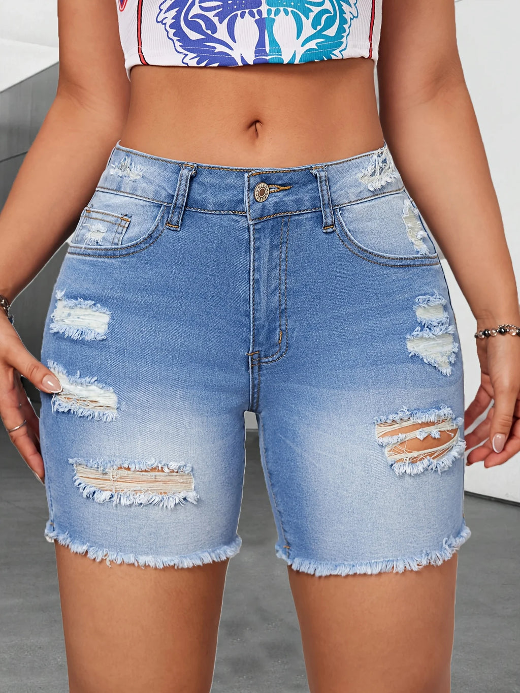 Summer Women's Denim Shorts, Light Blue Ripped Hem Jeans, Stretch Casual Fashion Denim Shorts