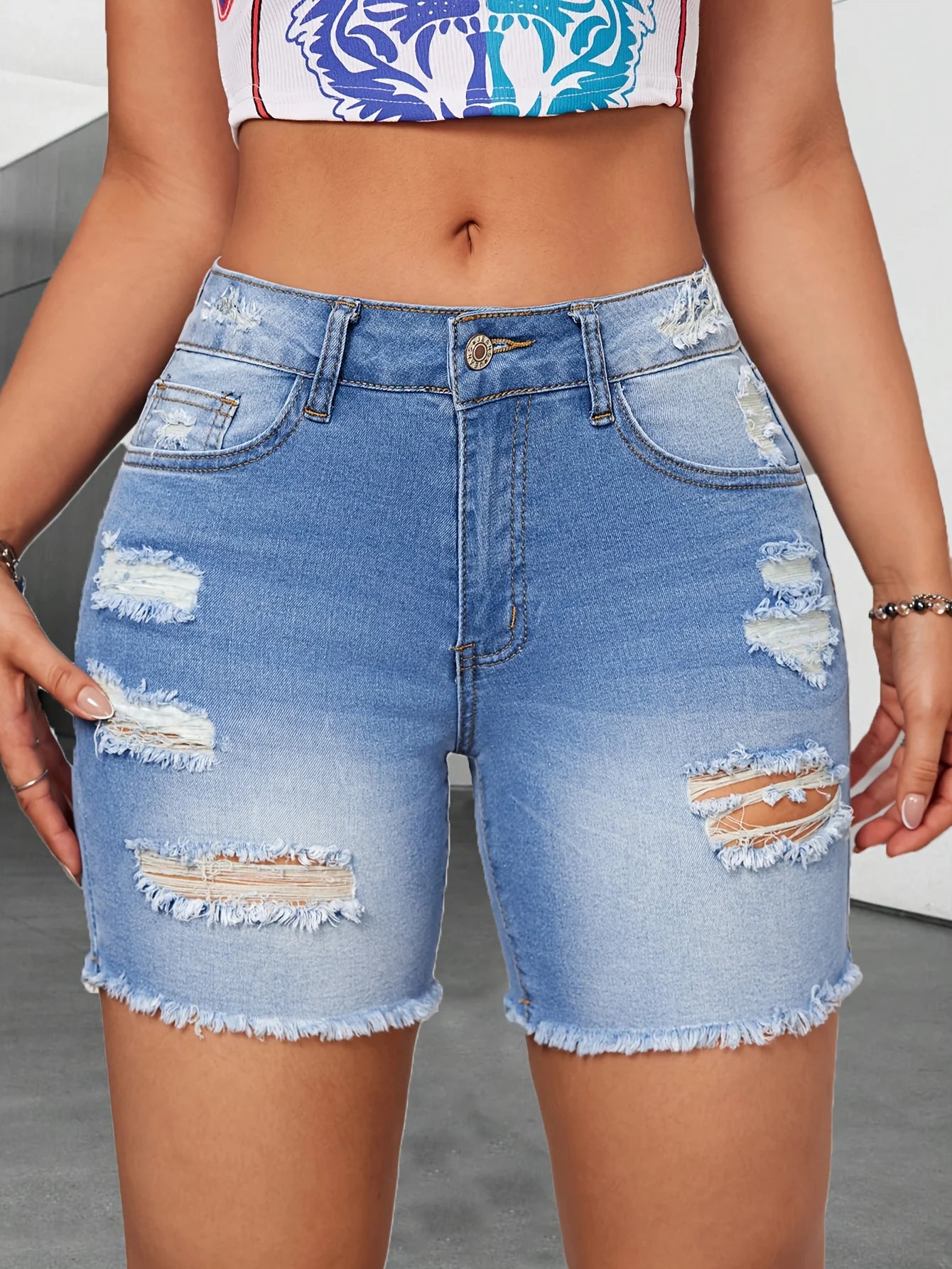 Summer Women's Denim Shorts, Light Blue Ripped Hem Jeans, Stretch Casual Fashion Denim Shorts