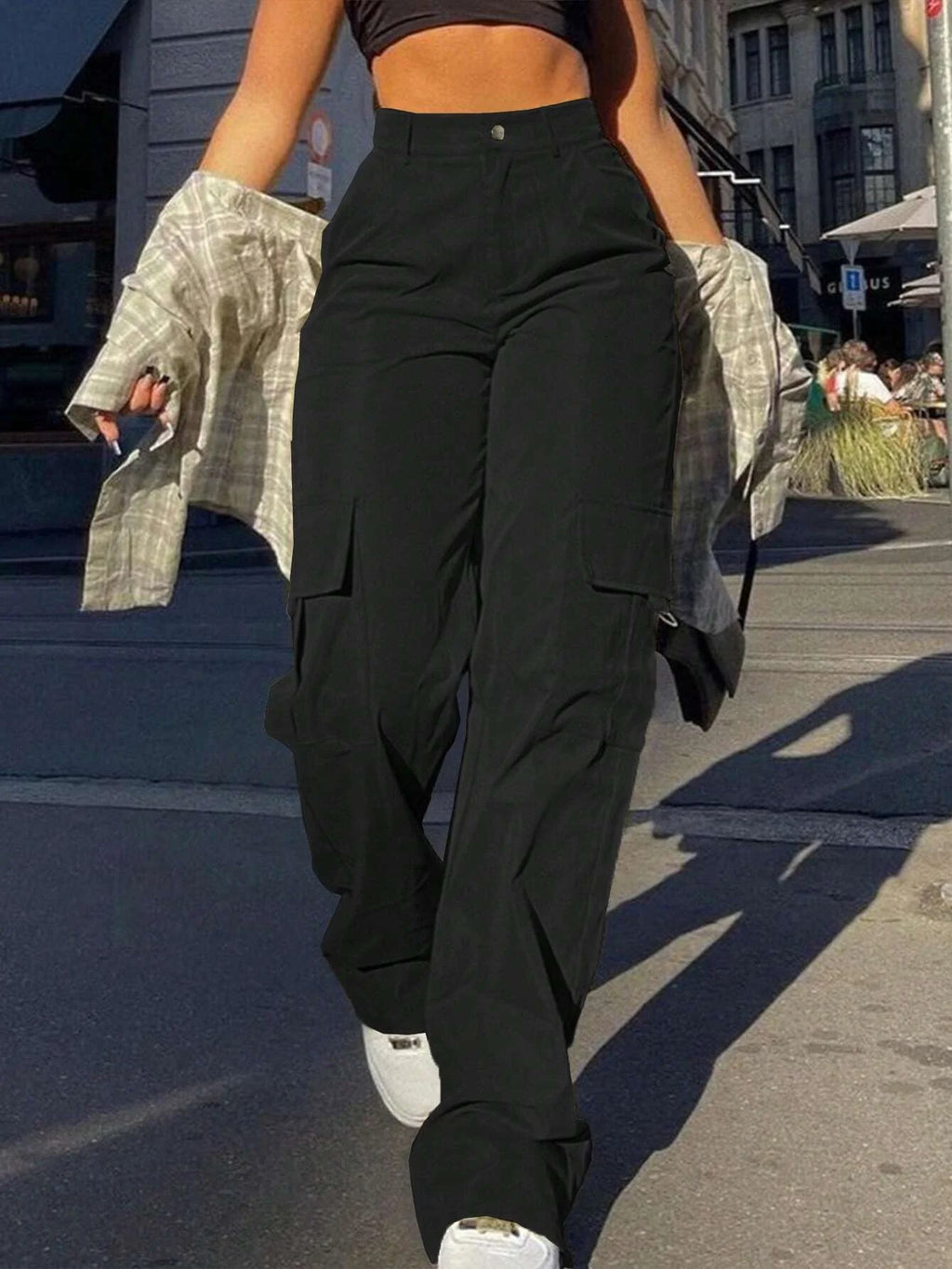 Women's Plain High Waist Cargo Pants, Pocket Button Trousers for Daily Wear, Ladies Bottoms