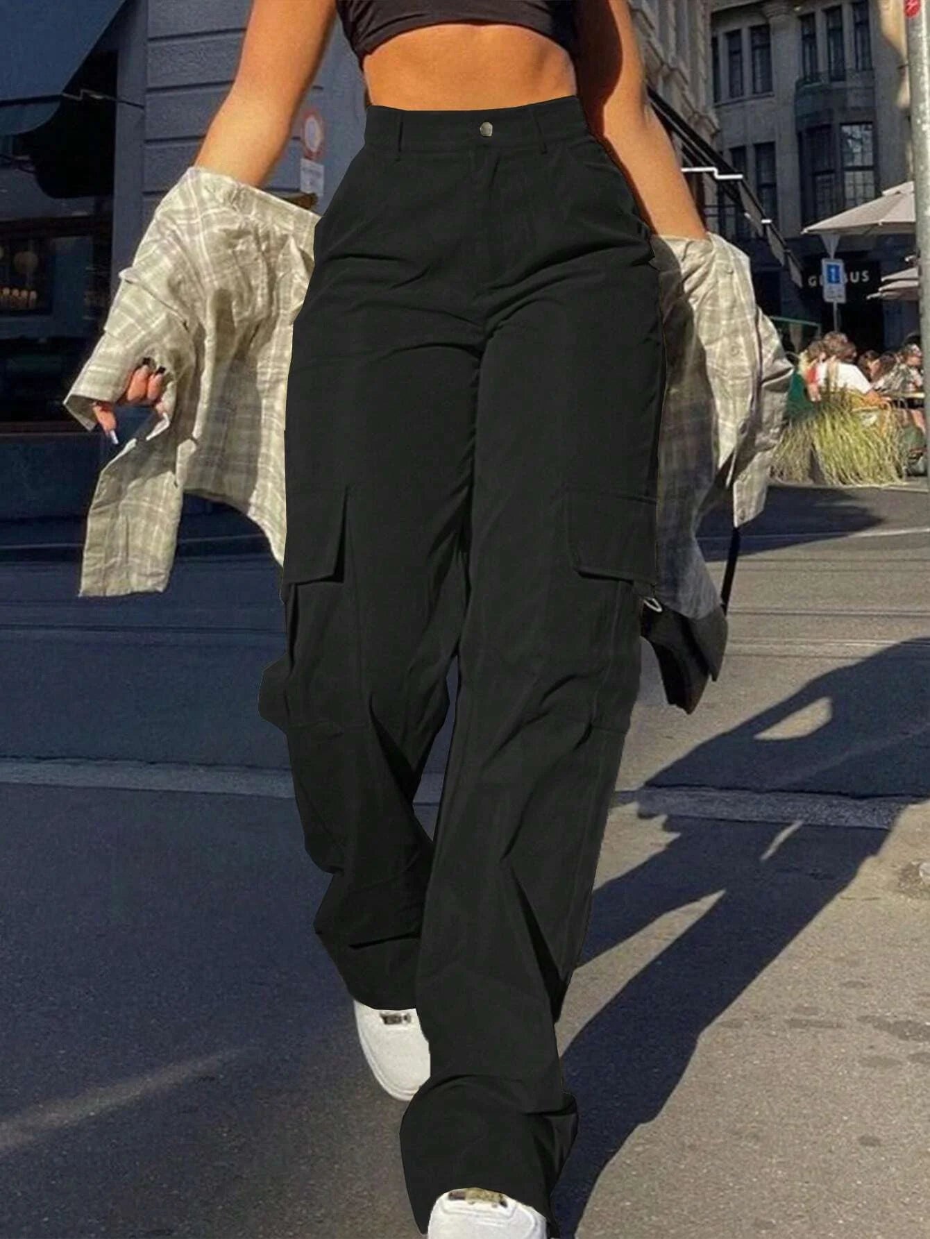 Women's Plain High Waist Cargo Pants, Pocket Button Trousers for Daily Wear, Ladies Bottoms