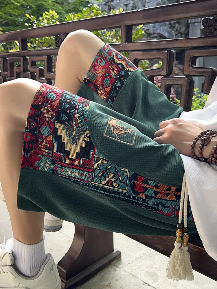 Men's ethnic embroidery pattern shorts with pockets, summer casual drawstring shorts