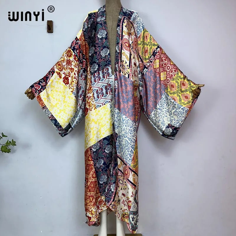 Women Cardigan stitch Cocktail sexy Boho Maxi African Holiday Batwing Sleeve Silk feeling Robe
