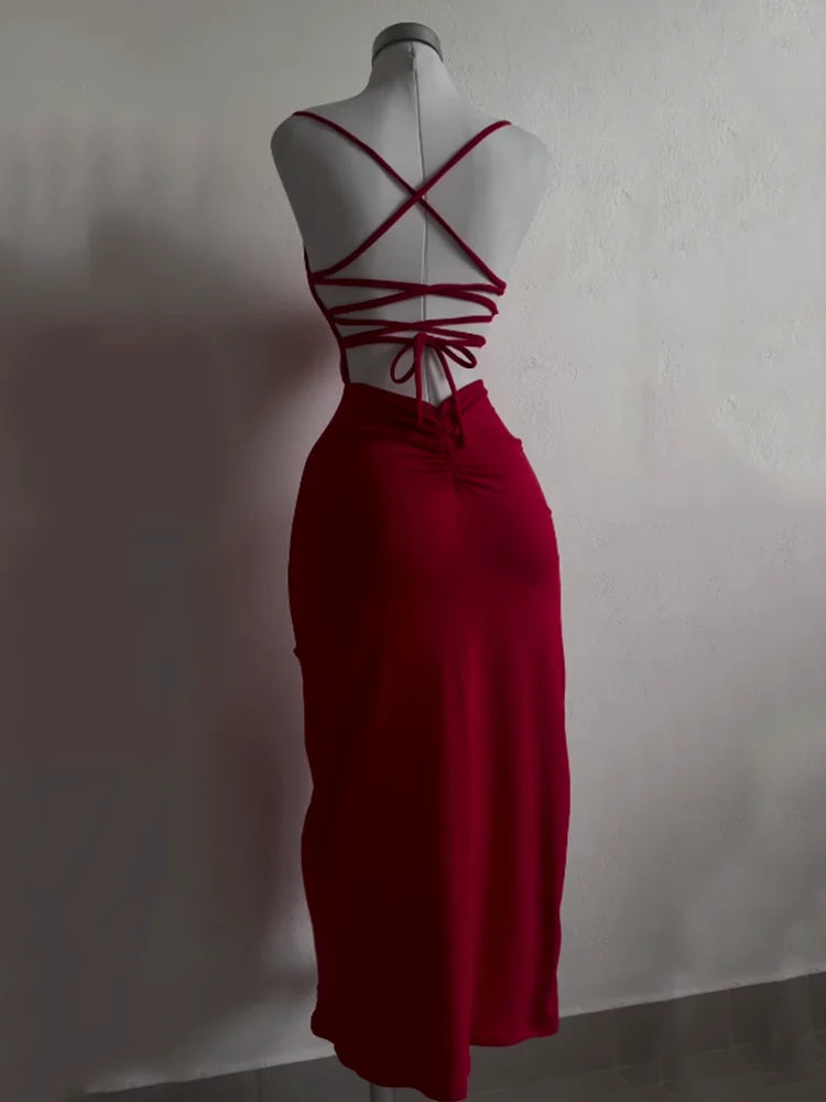 Summer High Sensibility Halter Strap Dress Ankle-Length Slim Fit Spaghetti Strap Spice Girl Style Junior Women's Polyester Elastane