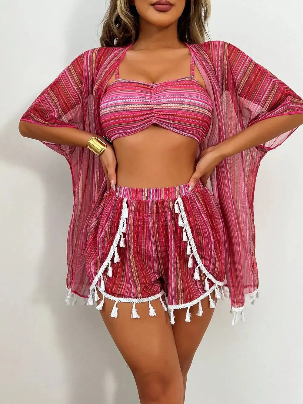 Sunscreen blouse sexy tassel bikini four-piece swimsuit women's suit