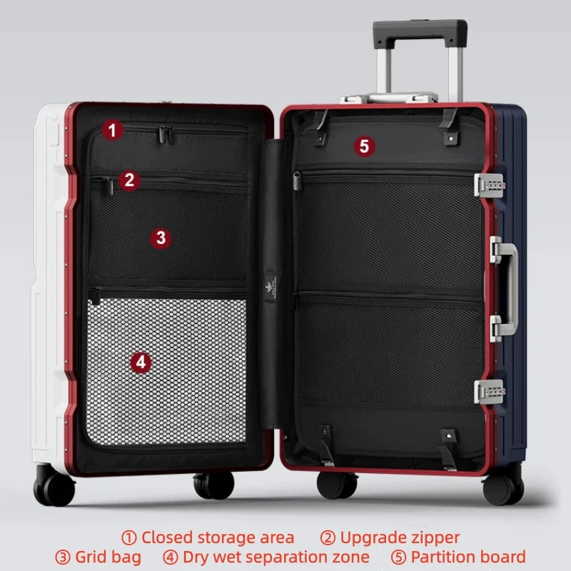 Front Opening Pocket Suitcase PC Material Travel Rolling Luggage with Aluminum Frame TSA Lock Cup Holder Charging Port 20/24/26