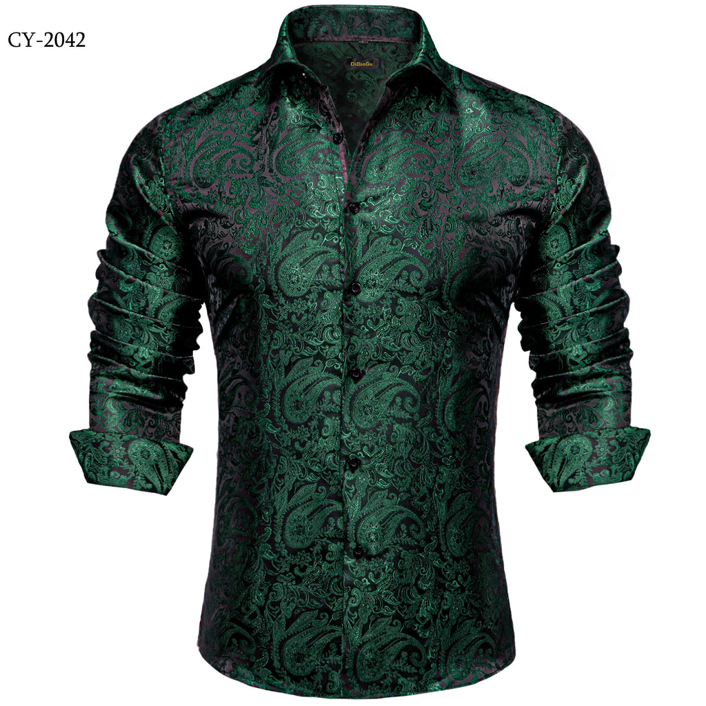 Men's Shirts Long Sleeve Polyester Dress Shirts Luxury Tuxedo Turn Down Collar Social Paisley Shirt Men Clothing