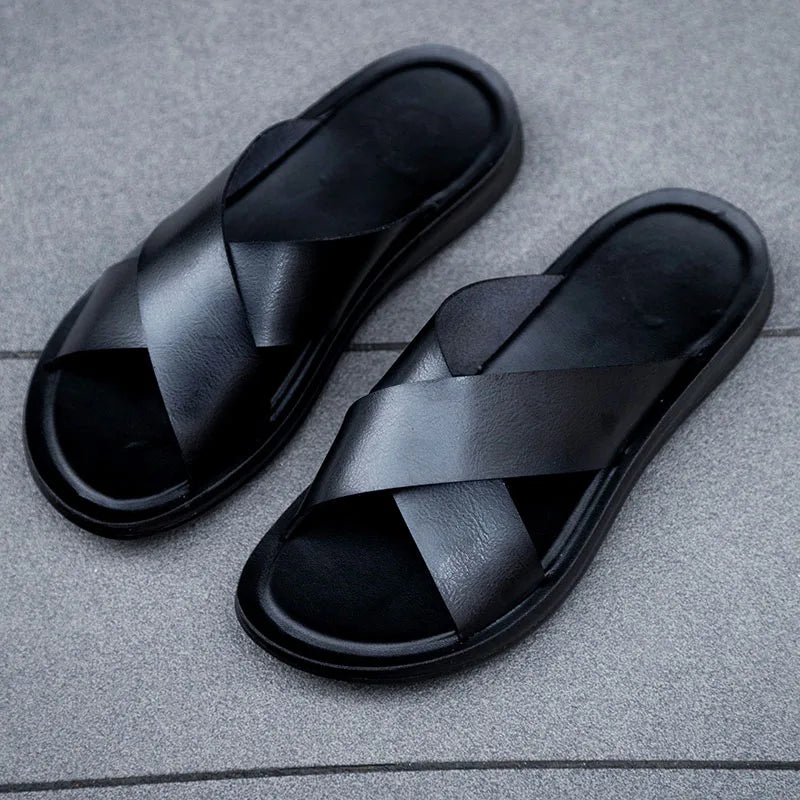 Italian Leather Slippers for Men Summer Hotel Beach High Quality Slip on Light Flats Male Flip Flops Big Size 38-47