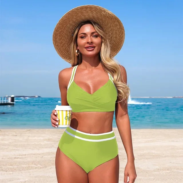 Women's solid colors/white stripe Bikini set beach style, two-piece swimsuit backless swimsuit