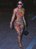 Women's Colorful Print Halter Romper Summer Sexy Hipster Backless Stretch Fit Tight Playsuit Medium Stretch Woven Polyester