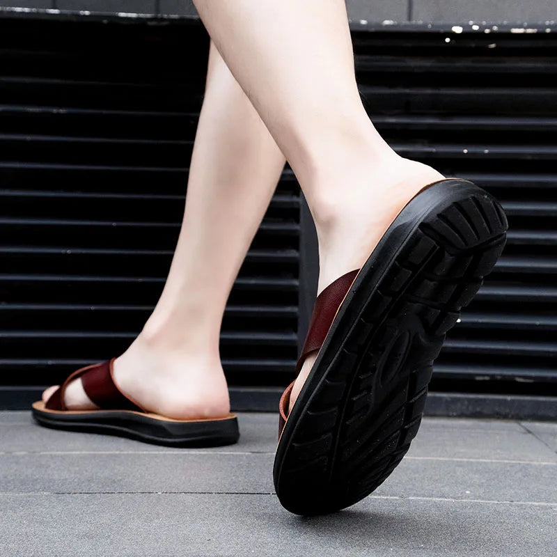 Italian Leather Slippers for Men Summer Hotel Beach High Quality Slip on Light Flats Male Flip Flops Big Size 38-47