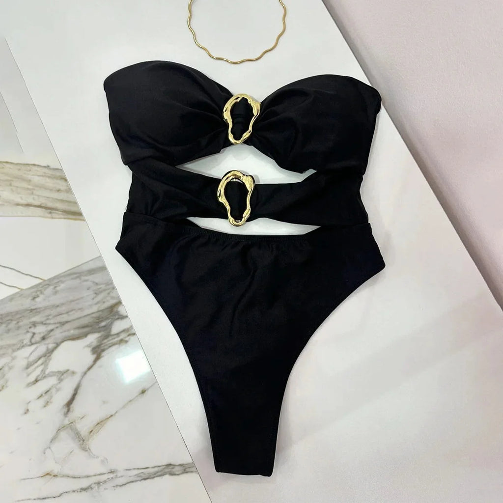 Women's Sexy Bandeau One Piece Swimsuit with Metal Rings Cut out High Leg Female Swimwear in 3 Colors Neoprene Knit Polyester Nylon