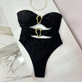 Women's Sexy Bandeau One Piece Swimsuit with Metal Rings Cut out High Leg Female Swimwear in 3 Colors Neoprene Knit Polyester Nylon