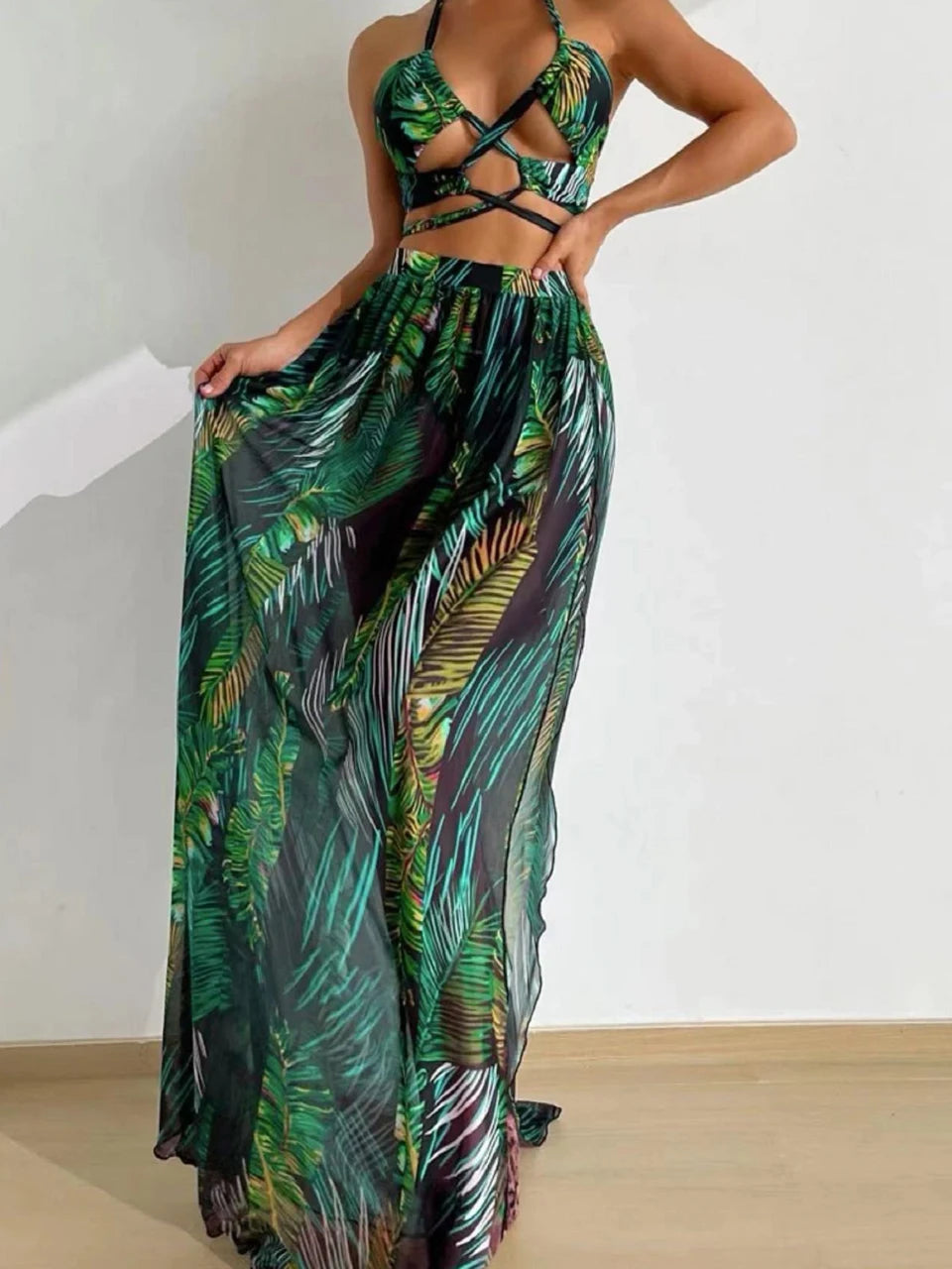 3 Pieces Tie Dye Cross Bikini, Women Sexy Halter Swimsuit & Cover Up Pants Swimwear Bathers Bathing Swimming Suit Beachwear