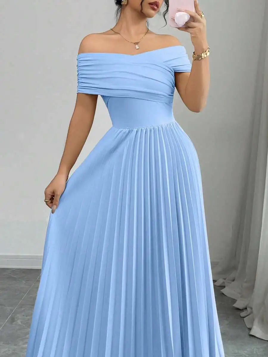 Off Shoulder Pleated Maxi Dress with Adjustable Wrap Top