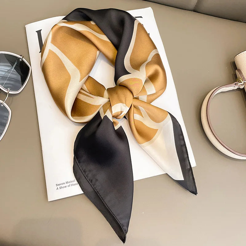 Luxury Imitation Silk Scarf Black And White Striped Head Wrap For Women Multifunction Silk Feeling Neckerchief