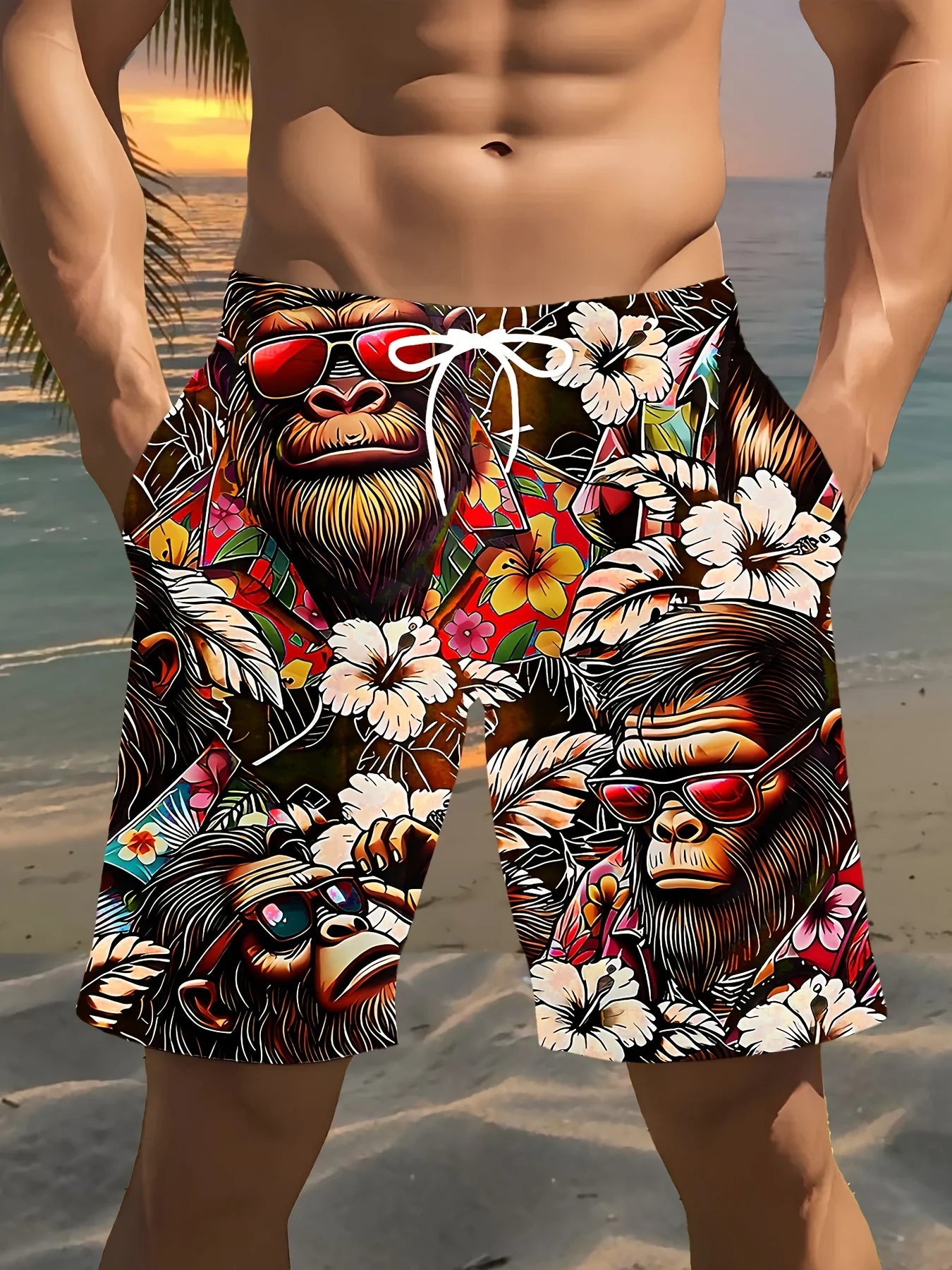 3D Gorilla Print Design Fashion Waterproof Quick-Dry Sports Men Surfing Beach Shorts