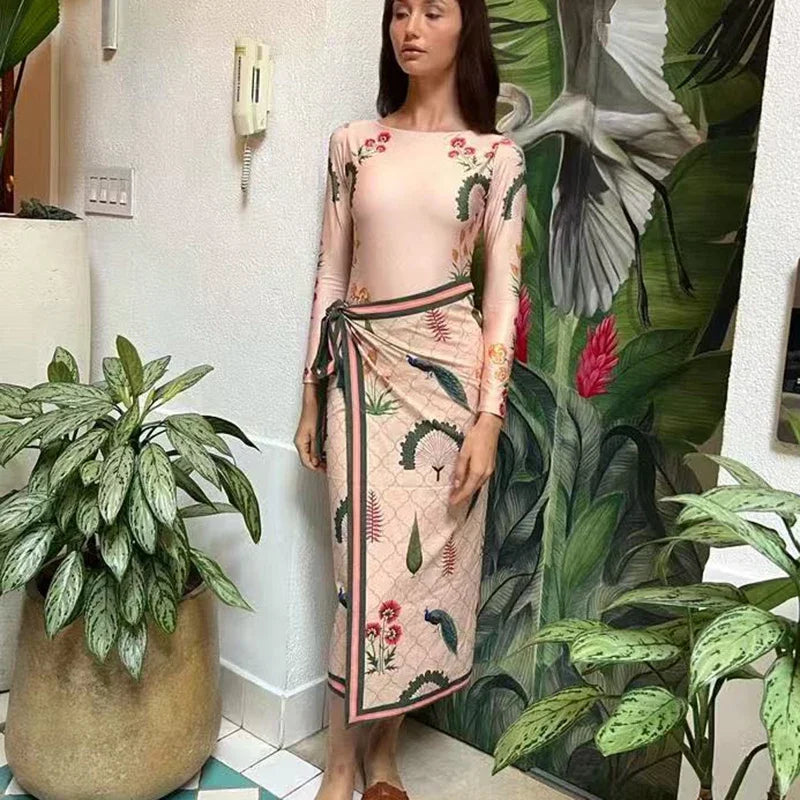 2 Piece Bikini Set Swimwear Split Skirt-Style Fashion Print Thin Bathing Suit High Waist Women's Beachwear