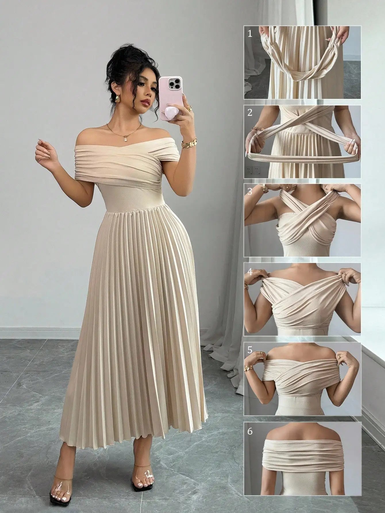 Off Shoulder Pleated Maxi Dress with Adjustable Wrap Top