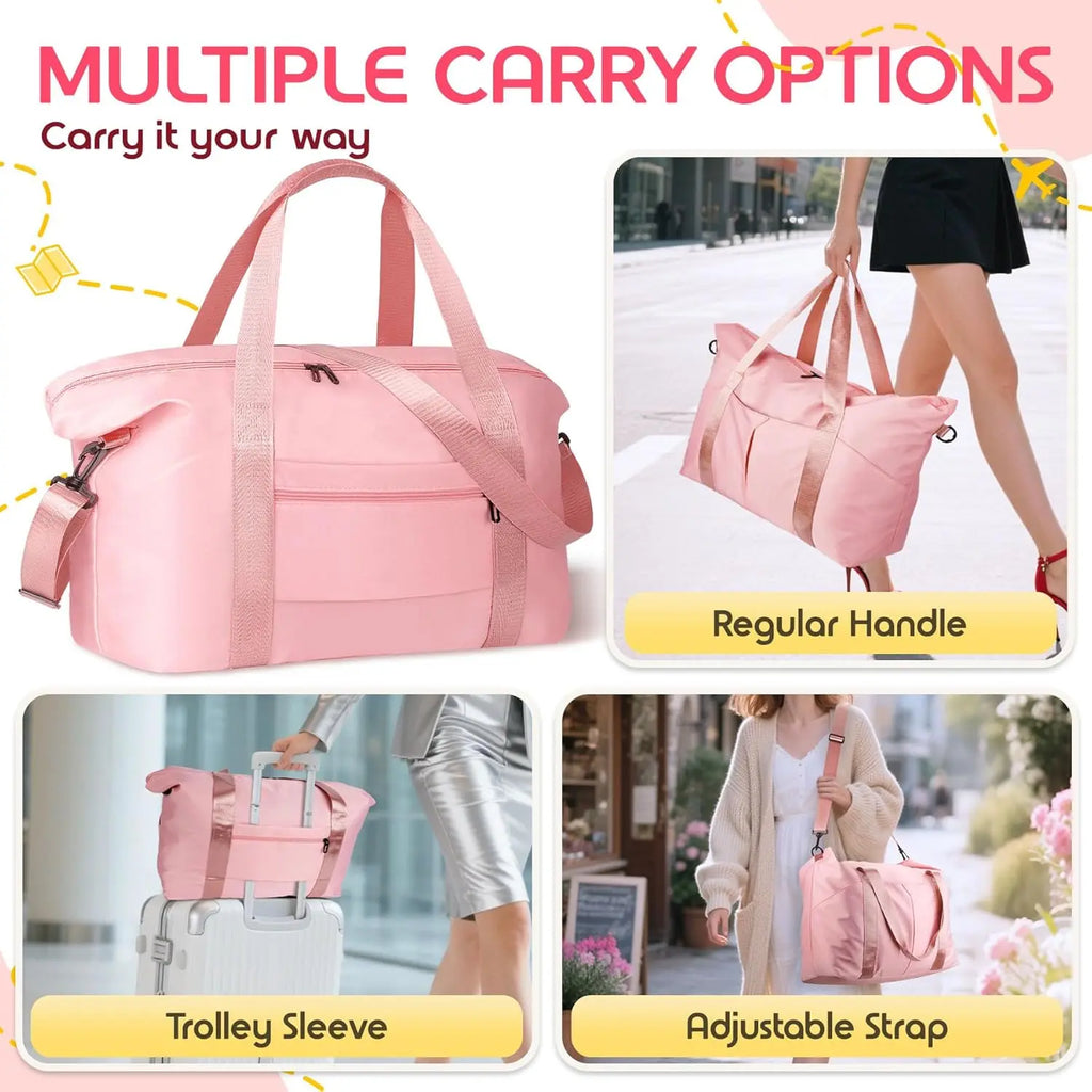 Versatile Travel Duffel Bag with Trolley Sleeve, Waterproof Pocket for Gym and Hospital Use in Pink