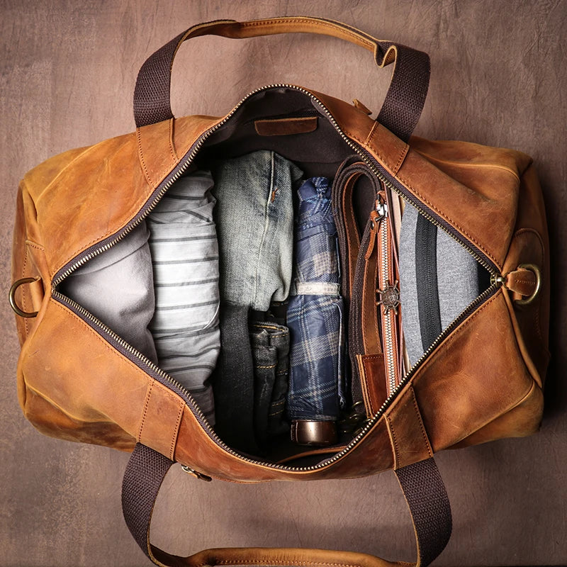 GURO Vintage Crazy Horse Cowhide Travel Bag Men's Real Leather Handbag Casual Weekend Camping Luggage Bag