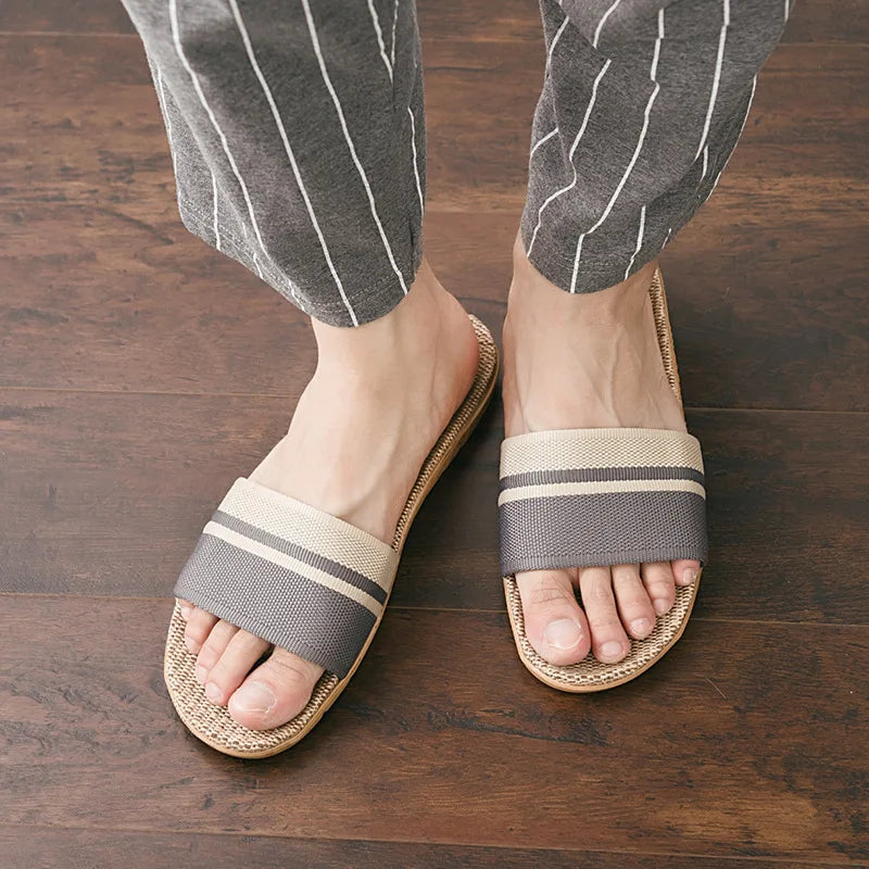 Linen Slippers Non-Slip Breathable Shoes Universal Open-Toe Home Sandals For All Seasons