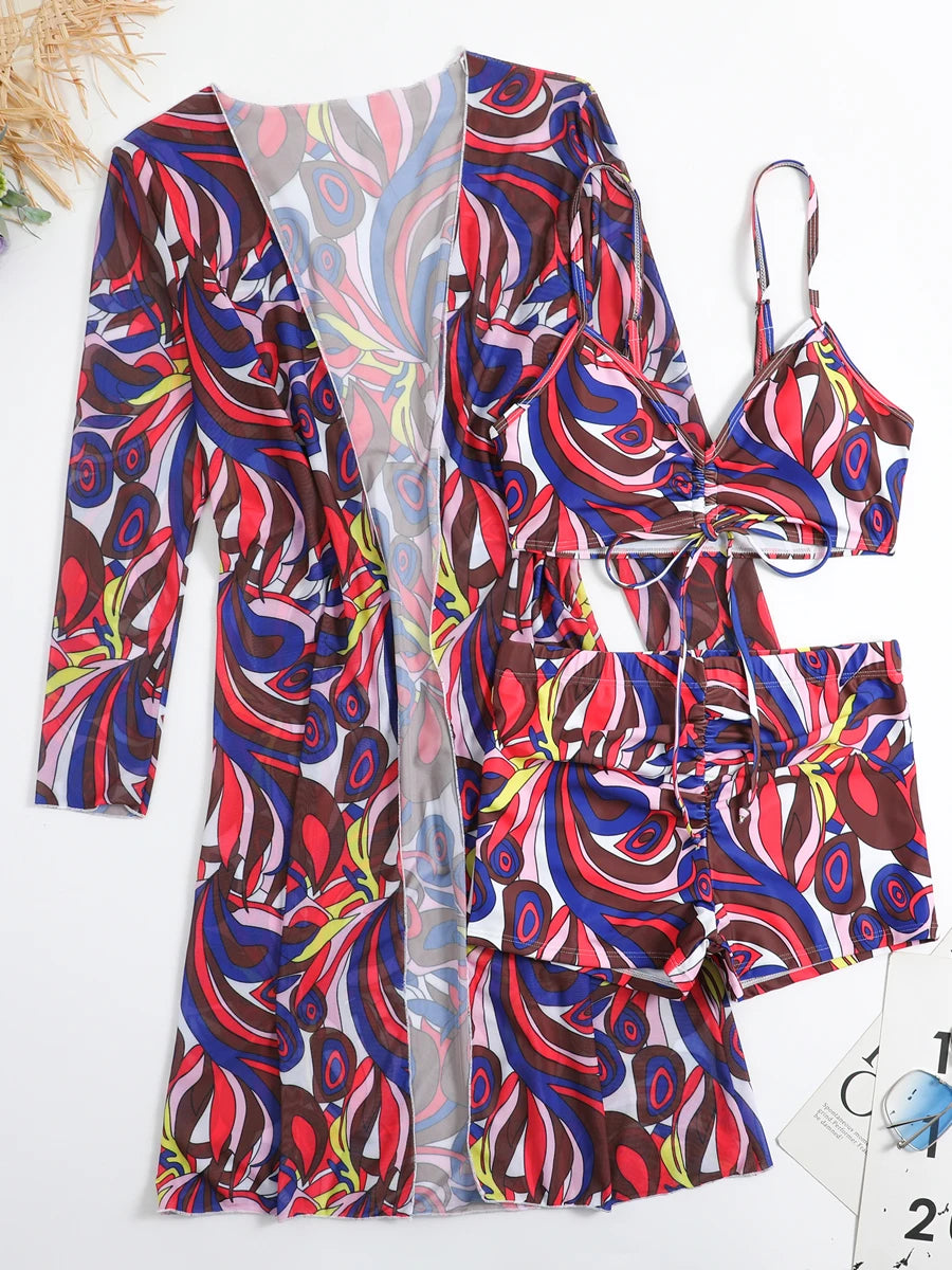 3 Piece Sexy Printed Bikinis 2026 Women High Waist Swimsuit Cover Up Swimwear Female Lady Bathing Suit Swimming Summer Beachwear