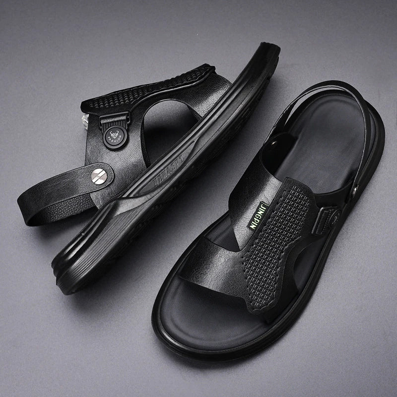 Mens First Layer Sheepskin Summer Sandals Genuine Leather Beach Shoes Casual Slip On Leather Slippers Comfortable Outdoor Male