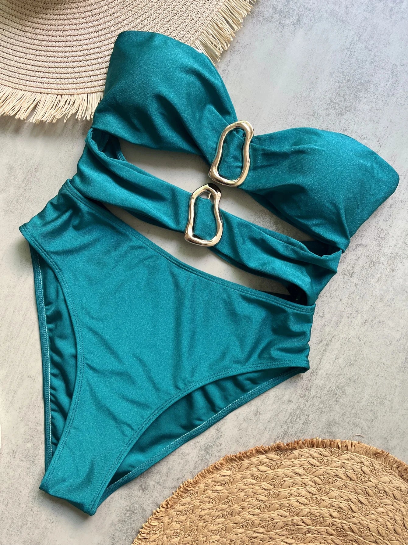Women's Sexy Bandeau One Piece Swimsuit with Metal Rings Cut out High Leg Female Swimwear in 3 Colors Neoprene Knit Polyester Nylon