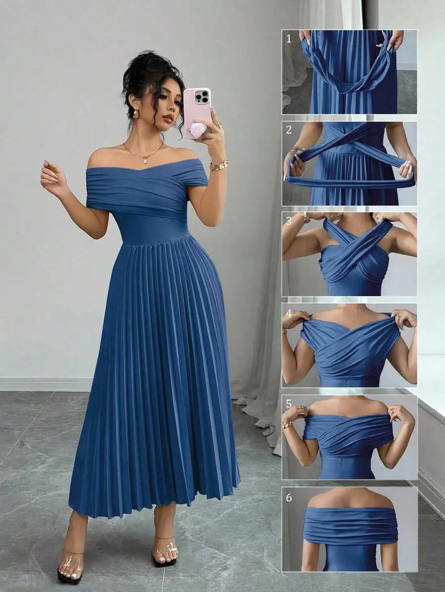 Off Shoulder Pleated Maxi Dress with Adjustable Wrap Top