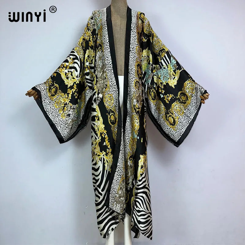 Women Cardigan stitch Cocktail sexy Boho Maxi African Holiday Batwing Sleeve Silk feeling Robe