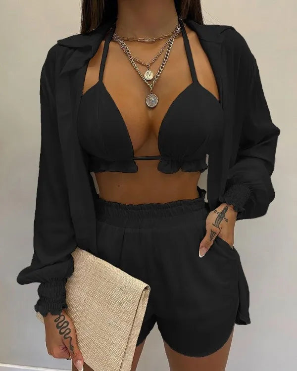 New Bathing Suit Shorts Cover Up Summer Three Pieces Swimwear Sexy Beachwear High Waist Bikini Set Print Women's Swimsuit