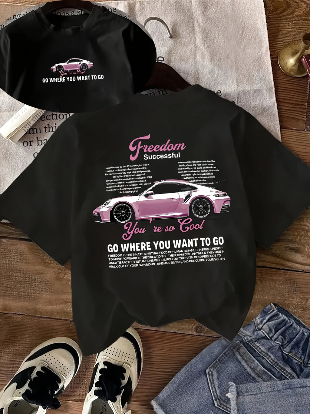 Pink Sports Car Freedom Women's Tee - Trendy Automotive Graphic, Casual Cool Top