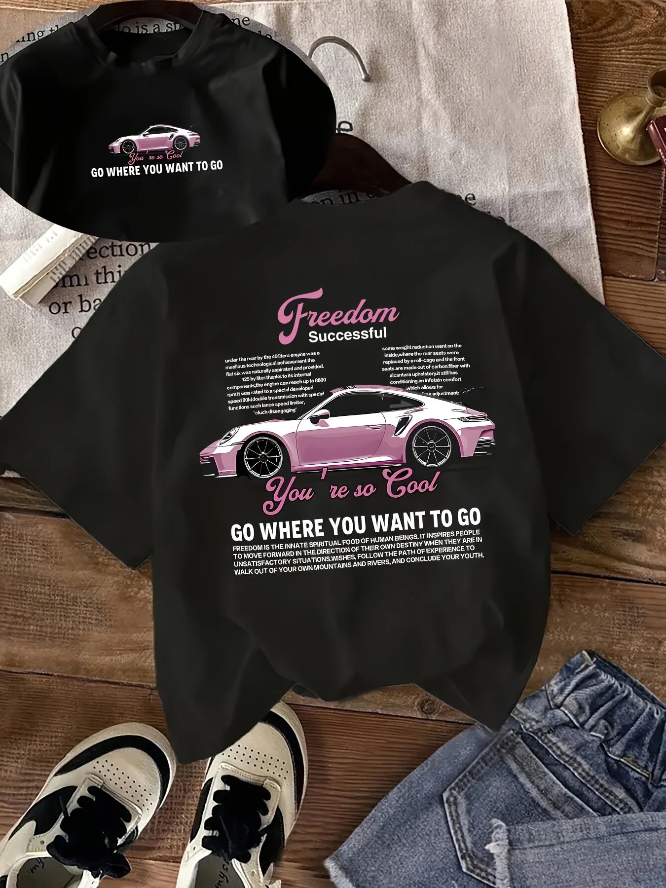 Pink Sports Car Freedom Women's Tee - Trendy Automotive Graphic, Casual Cool Top