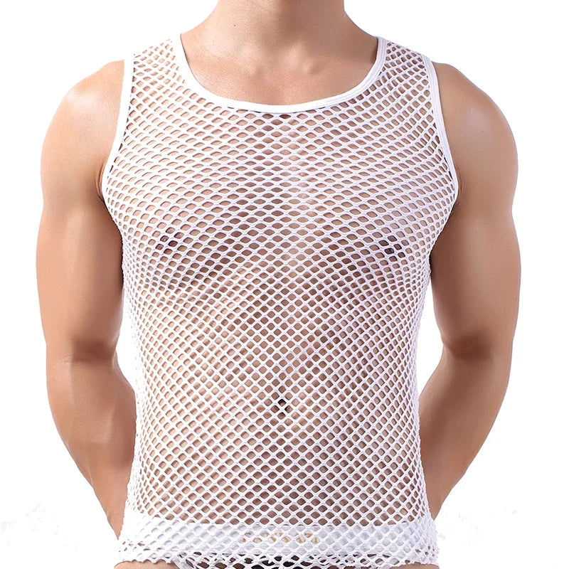 Fashion Tank Tops For Men Hollow Out Undershirt Mesh Breathable Sleeveless Vest