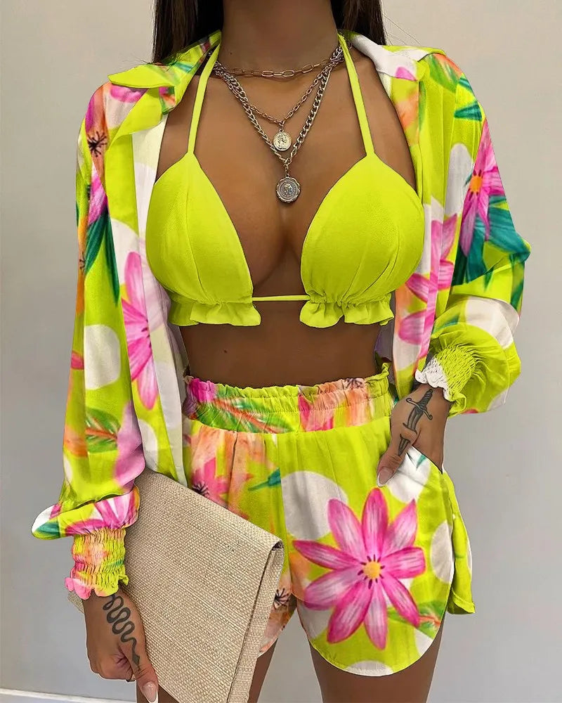 New Bathing Suit Shorts Cover Up Summer Three Pieces Swimwear Sexy Beachwear High Waist Bikini Set Print Women's Swimsuit