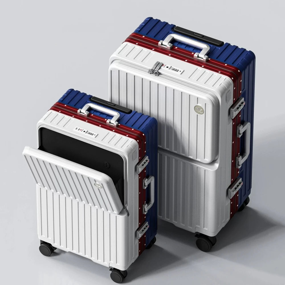 Front Opening Pocket Suitcase PC Material Travel Rolling Luggage with Aluminum Frame TSA Lock Cup Holder Charging Port 20/24/26
