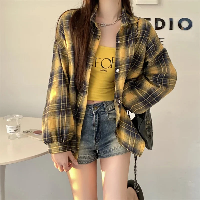 Flannel Shirts for Women Long Sleeve Collared Button-Up Tartan Plaid Shirt Jacket  Teen-girl Casual Everyday Outfit