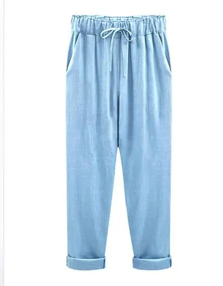 Cotton Linen Pants, Elastic Mid Waist Ankle Length Pant, Casual Women Loose Spring Pants