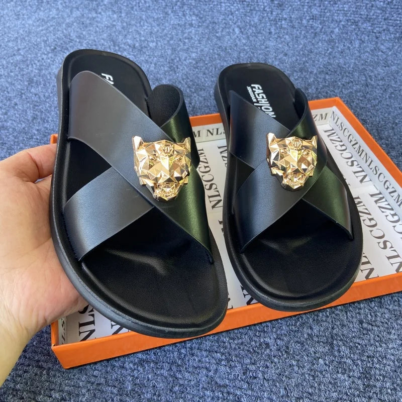 Leather slides for man black brown fashion shoes for mens slippers business beach slippers