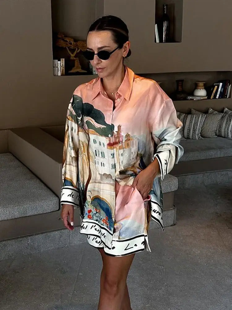 Fashion Printed 2 Piece Set Loose Lapel Button Long Sleeved Shirt Elastic Waist Shorts Suit Lady Set