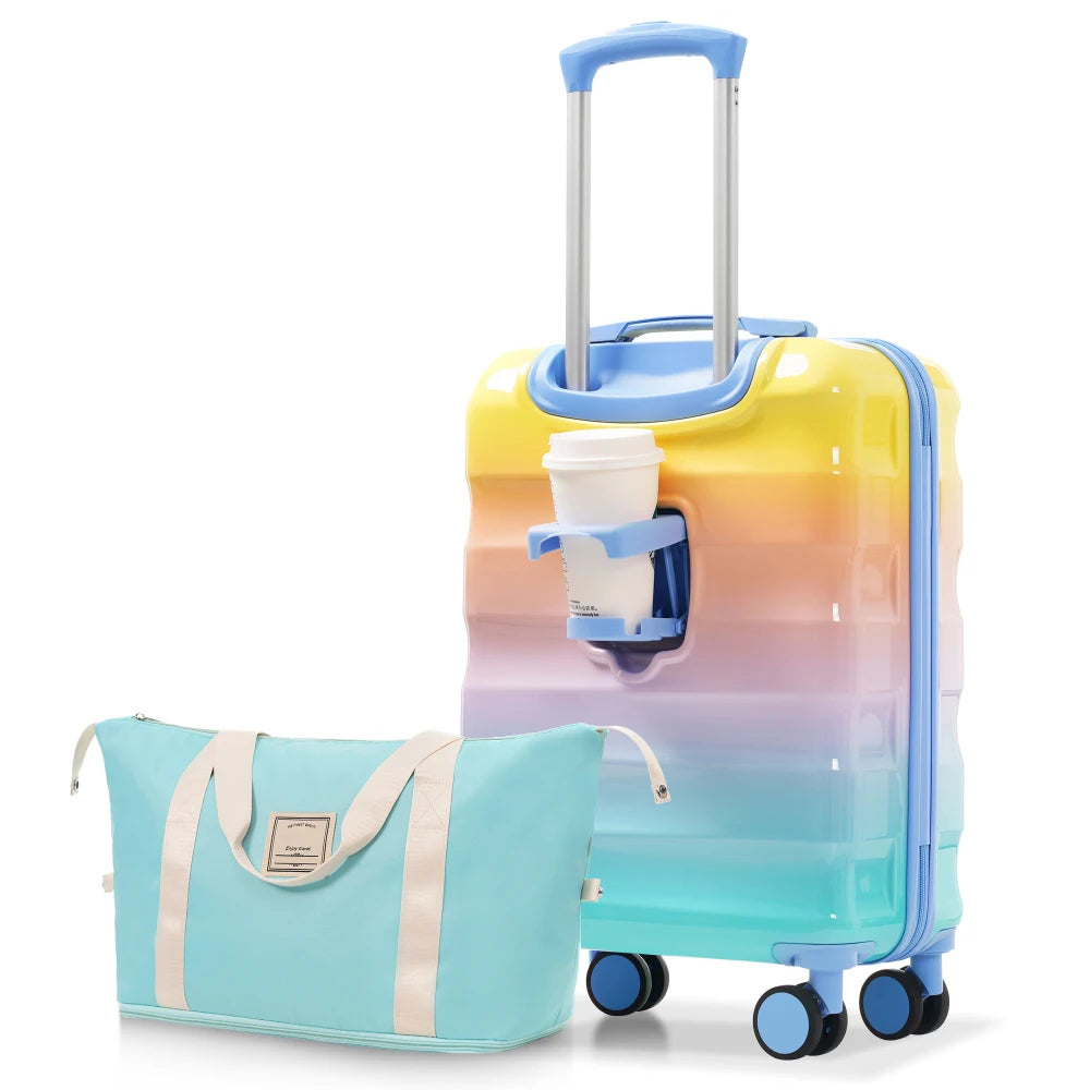 2 Piece 20" Carry-on Luggage Set with Cup Holder Lightweight Glossy Hardshell Suitcase Spinner Wheels TSA Lock Airline Approved