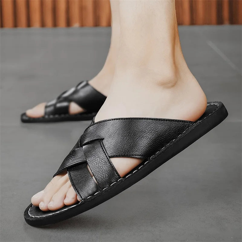 Handmade Leather Slippers for Men, Beach Summer Walking Shoes Slip on Light Male Flats Men Flip-flops Outdoor Half Drag