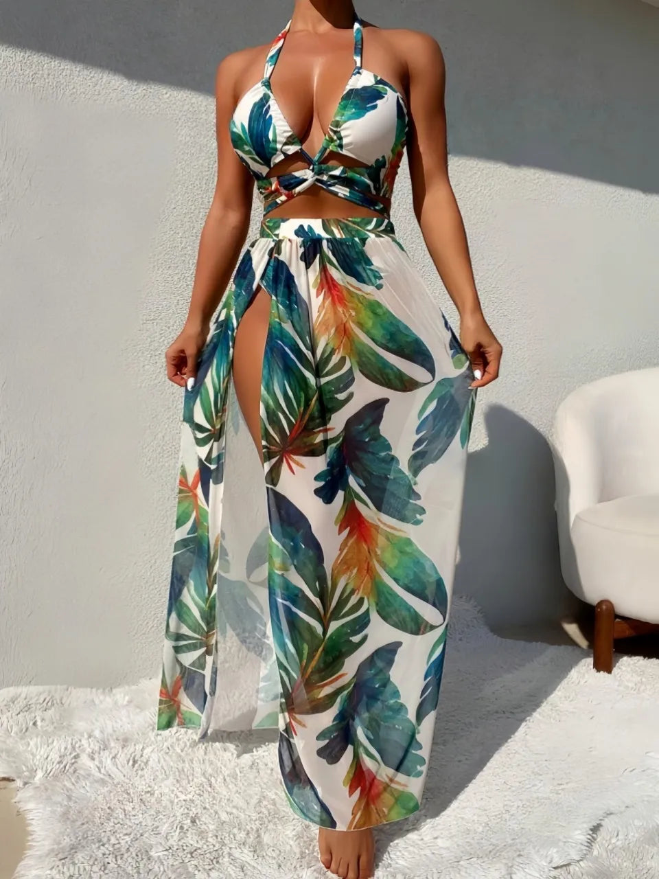 Sexy 3 Pieces Halter Bikinis 2026 Bandage Swimsuit & Beach Dress Swimwear