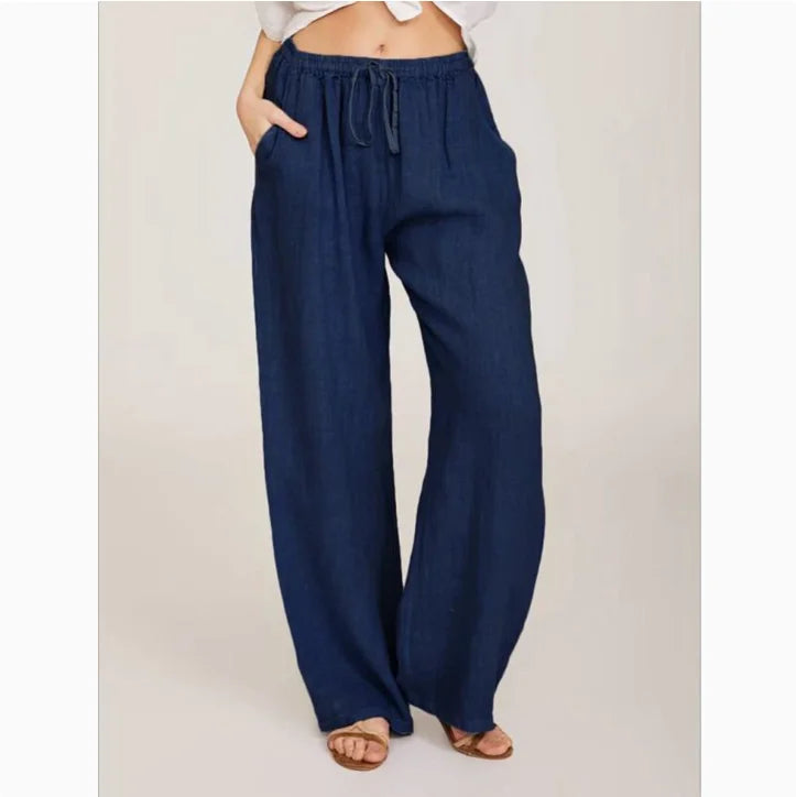 Women Fashion Cotton Linen Pants Elastic Waist Loose Straight Pants Female Casual Solid Color Versatile Trousers