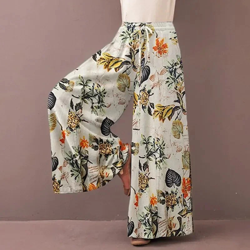 Floral Print Wide Leg Women Pants Spring Drawstring Bohemia Trousers Lady Casual Loose Elastic Waist
