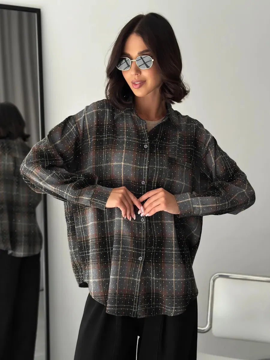 Women's Spring Loose Blouse Rhinestone Lapel Casual Top Long Sleeve Plaid T-Shirt Korean Style Vintage Fashion Chic Middle Age