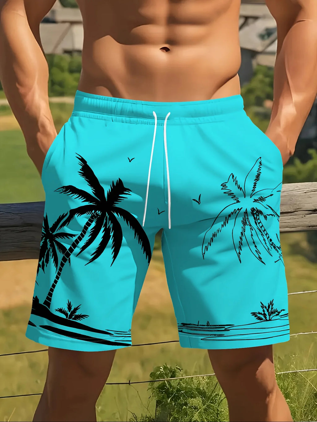 Men's Ocean Coconut Tree Print Beach Shorts Summer New Vacation Surfboard Casual Classic Men's Quick-Dry Shorts