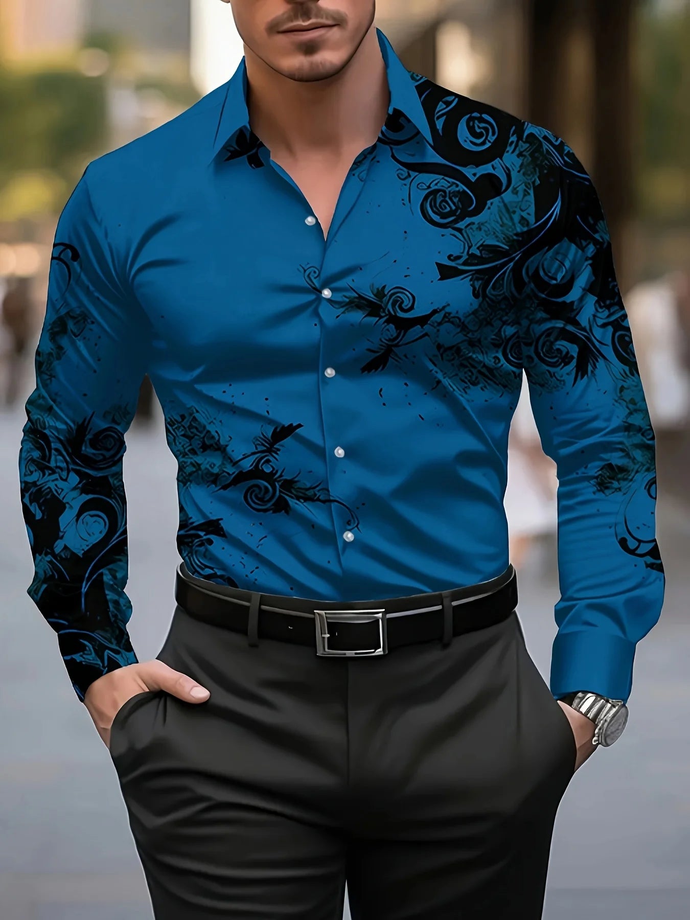 Men'S Stylish Floral Print Dress Shirt - Casual Long Sleeve Button-Up Design Floral Print Shirt