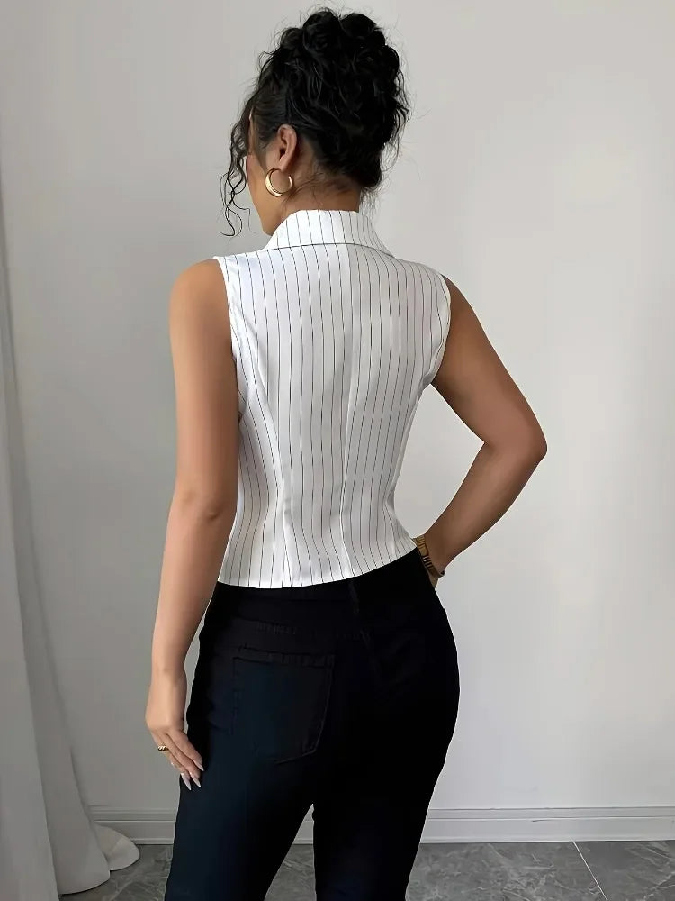Blouse Women Vertical Stripes Collar V Neck Sleeveless Fitted Button Split Hem